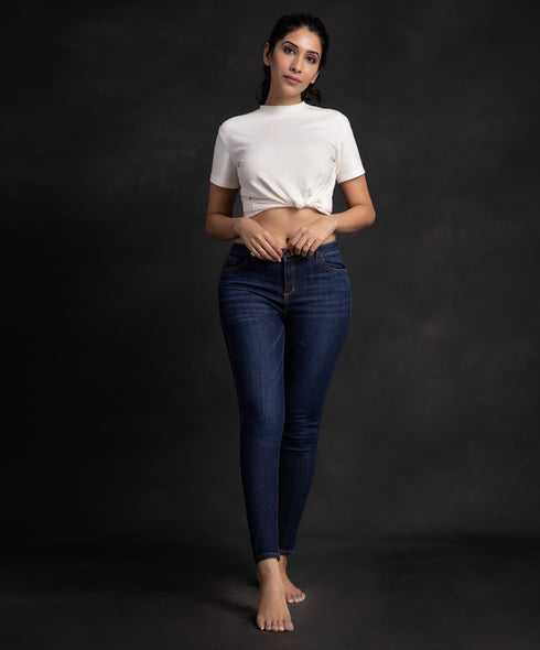 Mid Waist Dark Blue Jean With Whisker Effect